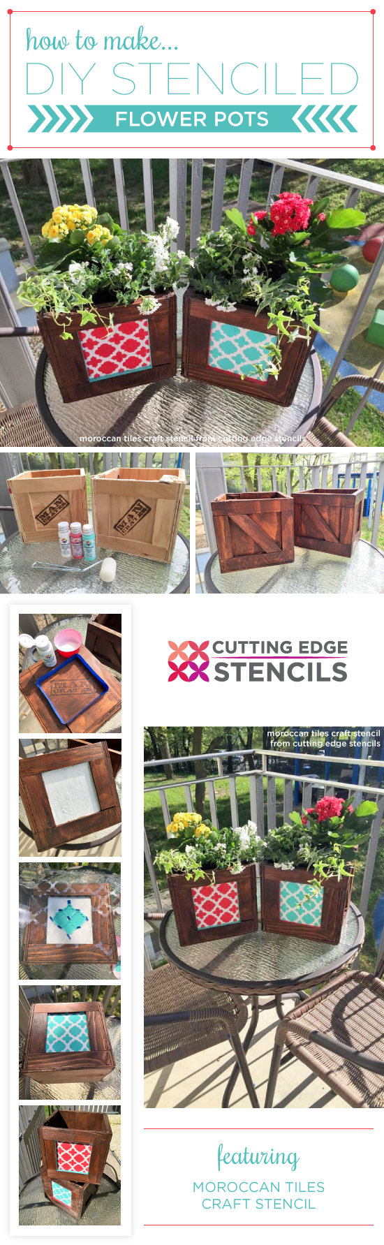 Cutting Edge Stencils shares a DIY tutorial on how to stencil wooden crate flower pots using the Moroccan Tiles Craft Stencil. http://www.cuttingedgestencils.com/moroccan-tiles-DIY-project-stencils.html