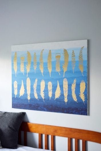 Learn how to make DIY canvas wall art using the Feather Allover Stencil from Cutting Edge Stencils and gold paint. http://www.cuttingedgestencils.com/feathers-stencil-feather-stencils-wall-pattern.html