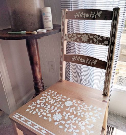 A DIY stenciled chair using a plain Ikea chair and the Indian Inlay Stencil Kit from Cutting Edge Stencils. http://www.cuttingedgestencils.com/indian-inlay-stencil-furniture.html