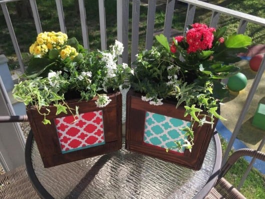DIY stenciled wooden flower pots using a wooden Man Crate and the Moroccan Tiles Craft Stencil from Cutting Edge Stencils. http://www.cuttingedgestencils.com/moroccan-tiles-DIY-project-stencils.html