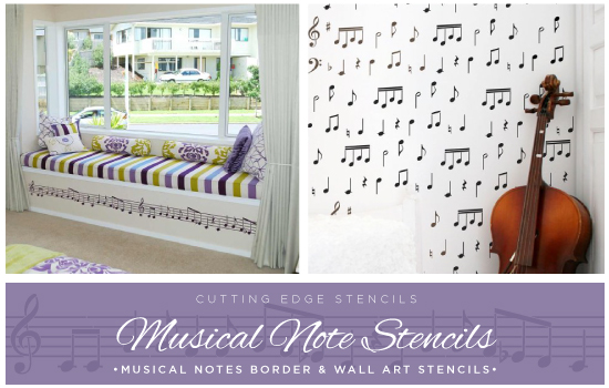 Conduct a symphony across your wall using our Musical Notes Wall Art Stencil and Musical Notes Border Stencil.  http://www.cuttingedgestencils.com/musical-notes-stencil-wall-design.html