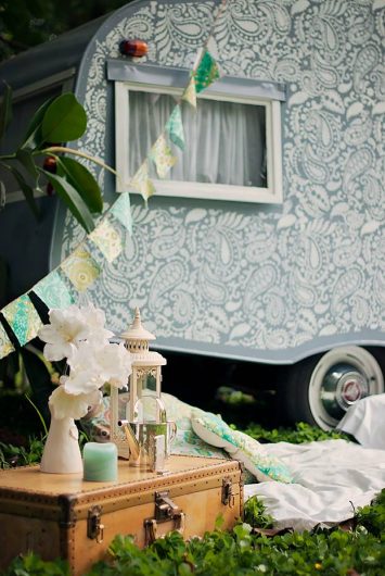 A DIY stenciled 1957 custom caravan used in a bohemian photoshoot featuring our Paisley Allover Stencil from Cutting Edge Stencils. http://www.cuttingedgestencils.com/paisley-allover-stencil.html