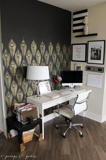 A DIY black and gold stenciled home office accent wall using the Peacock Feather Allover Stencil from Cutting Edge Stencils. http://www.cuttingedgestencils.com/peacock-feather-wall-stencil-pattern.html