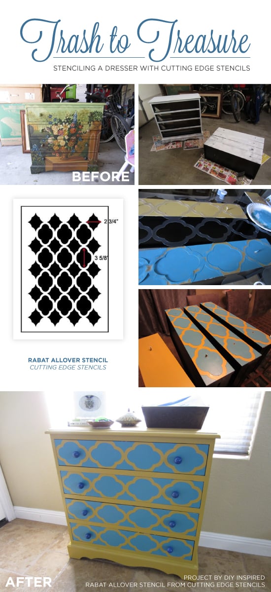 A DIY stenciled yellow and blue dresser using the Rabat Furniture Stencil from Cutting Edge Stencils. http://www.cuttingedgestencils.com/rabat-furniture-fabric-stencil.html