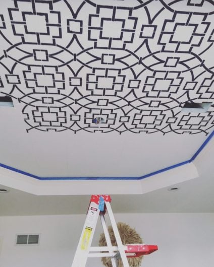 Stenciling a geometric pattern on a ceiling using the Tea House Trellis Stencil from Cutting Edge Stencils. http://www.cuttingedgestencils.com/tea-house-trellis-allover-stencil-pattern.html
