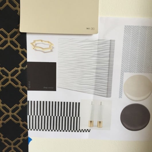 A style board for a home office makeover using the Herringbone Stitch Allover Stencil from Cutting Edge Stencils. http://www.cuttingedgestencils.com/herringbone-stitch-allover-pattern-wall-stencil.html