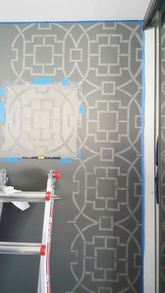 Learn how to stencil a DIY accent wall in a gray master bedroom using the Tea House Allover Stencil from Cutting Edge Stencils. http://www.cuttingedgestencils.com/tea-house-trellis-allover-stencil-pattern.html