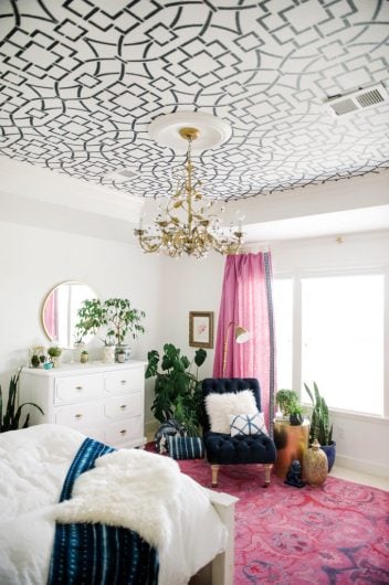A DIY master bedroom makeover with a stenciled ceiling using the Tea House Trellis Stencil from Cutting Edge Stencils. http://www.cuttingedgestencils.com/tea-house-trellis-allover-stencil-pattern.html