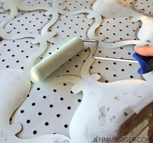 Learn how to stencil a pegboard from Lowes using the Tuscan Trellis Stencil from Cutting Edge Stencils. http://www.cuttingedgestencils.com/tuscan-trellis-allover-stencil.html