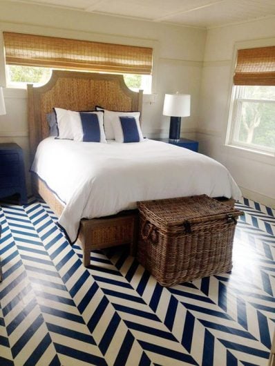 A navy and white stenciled floor using the Herringbone Allover Stencil from Cutting Edge Stencils. http://www.cuttingedgestencils.com/herringbone-stencil-pattern.html