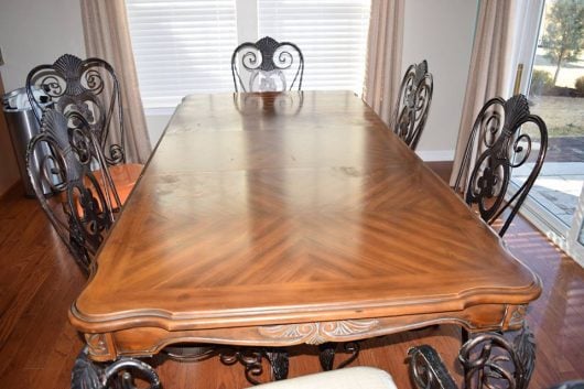 A dull brown table that gets a makeover using furniture stencils from Cutting Edge Stencils. http://www.cuttingedgestencils.com/rabat-furniture-fabric-stencil.html