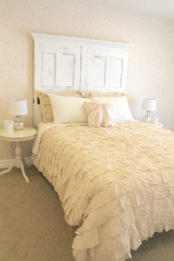 A DIY stenciled pink and white girl's bedroom using the Charlotte Allover lace stencil from Cutting Edge Stencils. http://www.cuttingedgestencils.com/charlotte-allover-stencil-pattern.html