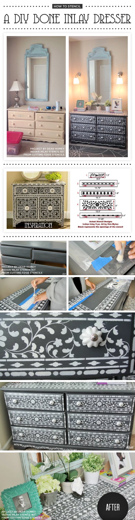 Cutting Edge Stencils shares a DIY stenciled dresser using the Indian Inlay Stencil Kit. http://www.cuttingedgestencils.com/indian-inlay-stencil-furniture.html
