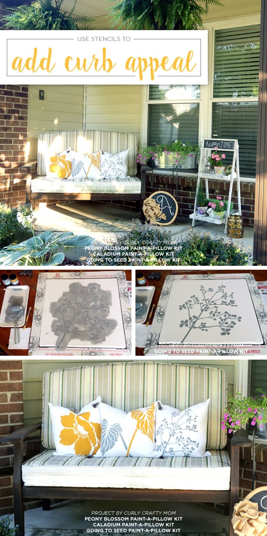 Dress up a porch to increase curb appeal using DIY nature inspired stenciled accent pillows from Paint-A-Pillow. http://paintapillow.com/index.php/paint-a-pillow-kits/diy-accent-pillows-paint-a-pillow-kits/peony-blossom-paint-a-pillow-kit.html