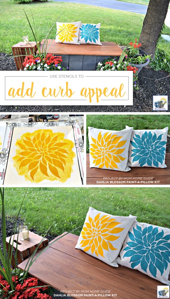 Dress up a porch to increase curb appeal using DIY Dahlia Blossom stenciled accent pillows from Paint-A-Pillow. http://paintapillow.com/index.php/paint-a-pillow-kits/nature-inspired-diy-accent-pillows/dahlia-blossom-paint-a-pillow-kit.html