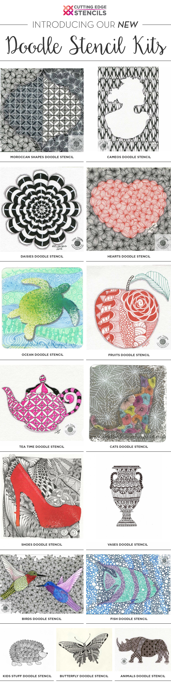 Cutting Edge Stencils is excited to introduce NEW Doodle Stencil Kits which are basic stencil shapes for doodling or tangling. http://www.cuttingedgestencils.com/doodle-stencils-tangling-stencil-doodling-coloring-pages.html