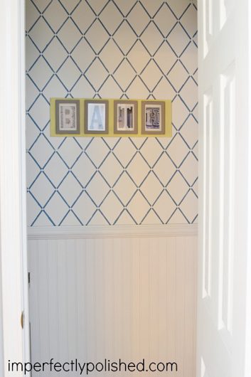 A DIY stenciled accent wall using the Harlequin Trellis Allover Stencil from Cutting Edge Stencils. http://www.cuttingedgestencils.com/trellis-stencil-harlequin.html