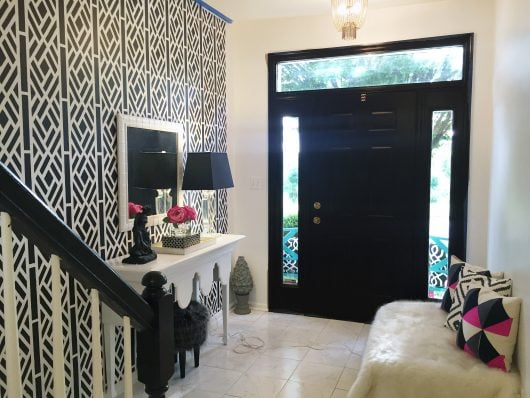 A DIY black and white stenciled entryway accent wall using the Lattice Allover Stencil Pattern from the designer series by Kathy Peterson, Cutting Edge Stencils. http://www.cuttingedgestencils.com/lattice-stencil-pattern-kathy-peterson.html