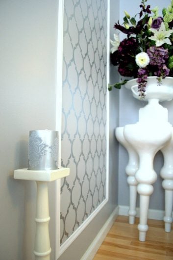 A DIY stenciled master bedroom in gray and metallic silver using the Moroccan Dream Allover Stencil from Cutting Edge Stencils. http://www.cuttingedgestencils.com/moroccan-stencil-design.html