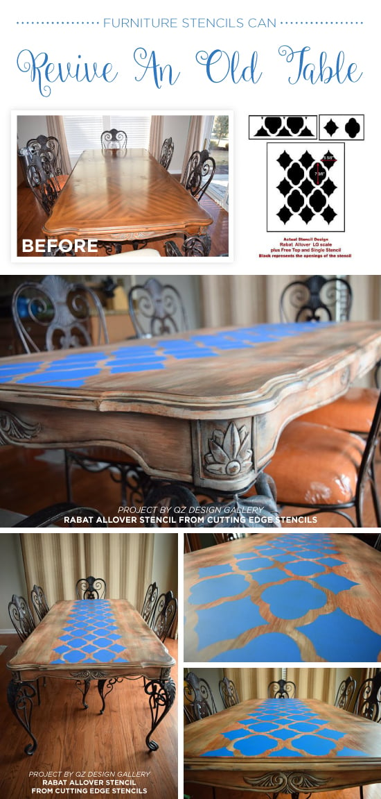 Cutting Edge Stencils shares how to makeover an old table using furniture stencils like the Rabat Craft Stencil. http://www.cuttingedgestencils.com/rabat-furniture-fabric-stencil.html