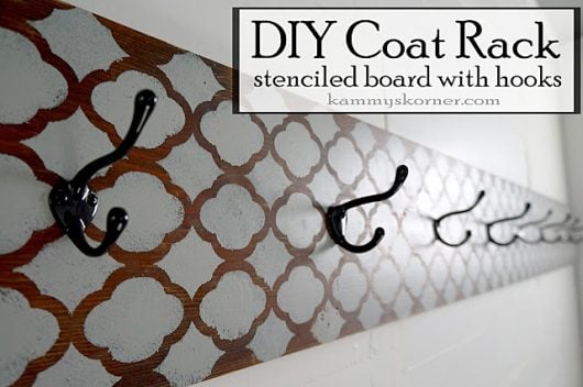 A DIY stenciled coat rack using the Rabat Craft Stencil from Cutting Edge Stencils. http://www.cuttingedgestencils.com/rabat-furniture-fabric-stencil.html