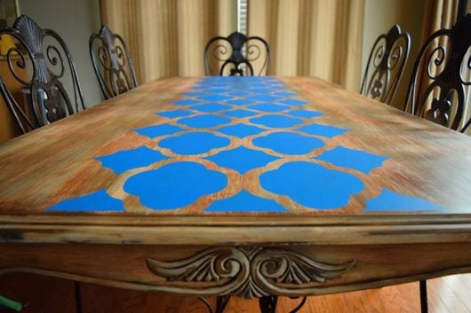 A DIY stenciled wooden table using the Rabat Furniture Stencil from Cutting Edge Stencils. http://www.cuttingedgestencils.com/rabat-furniture-fabric-stencil.html