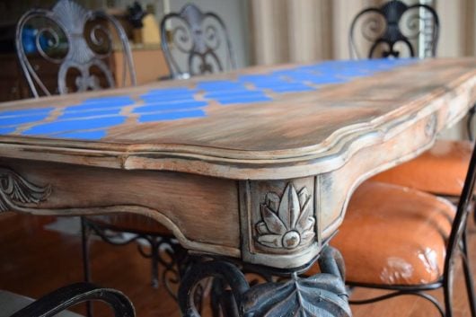 A DIY stenciled wooden table using the Rabat Furniture Stencil from Cutting Edge Stencils. http://www.cuttingedgestencils.com/rabat-furniture-fabric-stencil.html