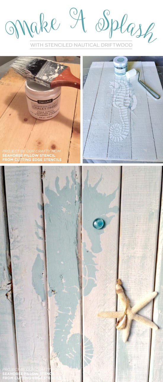 Learn how to stencil DIY reclaimed wood using the Seahorse Stencil from Cutting Edge Stencils. http://www.cuttingedgestencils.com/beach-style-decor-seahorse-stencil.html