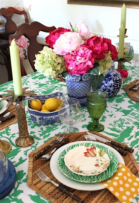 A DIY emerald green stenciled tablecloth using the Secret Garden Toile Stencil from Cutting Edge Stencils. http://www.cuttingedgestencils.com/garden-toile-stencil-chinoiserie-wallpaper.html