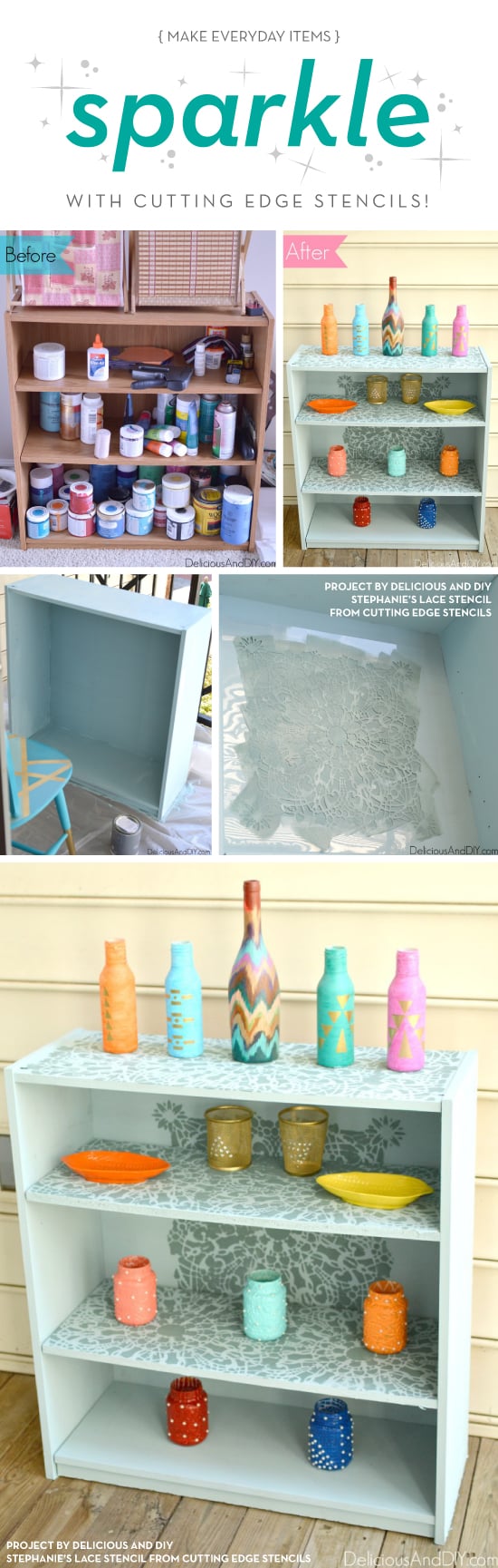 Cutting Edge Stencils shares a DIY stenicled bookcase using the Stephanies Lace Stencil. http://www.cuttingedgestencils.com/lace-stencil-wall-decor-stencils.html