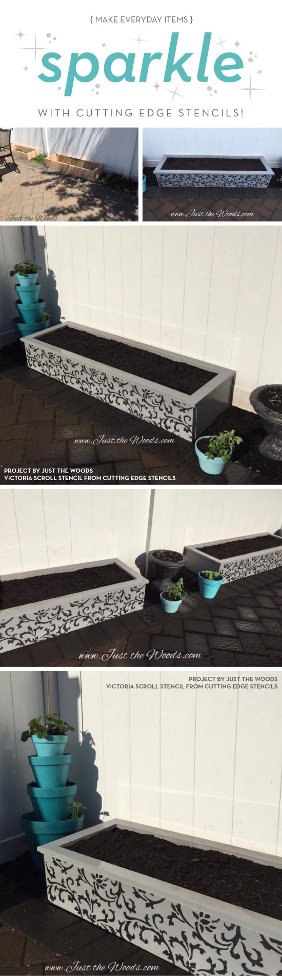 Cutting Edge Stencils shares how to make stenciled garden planters using the Victoria Scroll Stencil. http://www.cuttingedgestencils.com/victoria-scroll-wall-pattern-stencil-diy-wall-decor.html