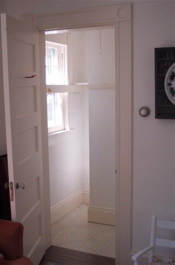 The before shot of a closet transformed into an office using the Acacia Allover Stencil. https://www.cuttingedgestencils.com/leaf_stencil.html