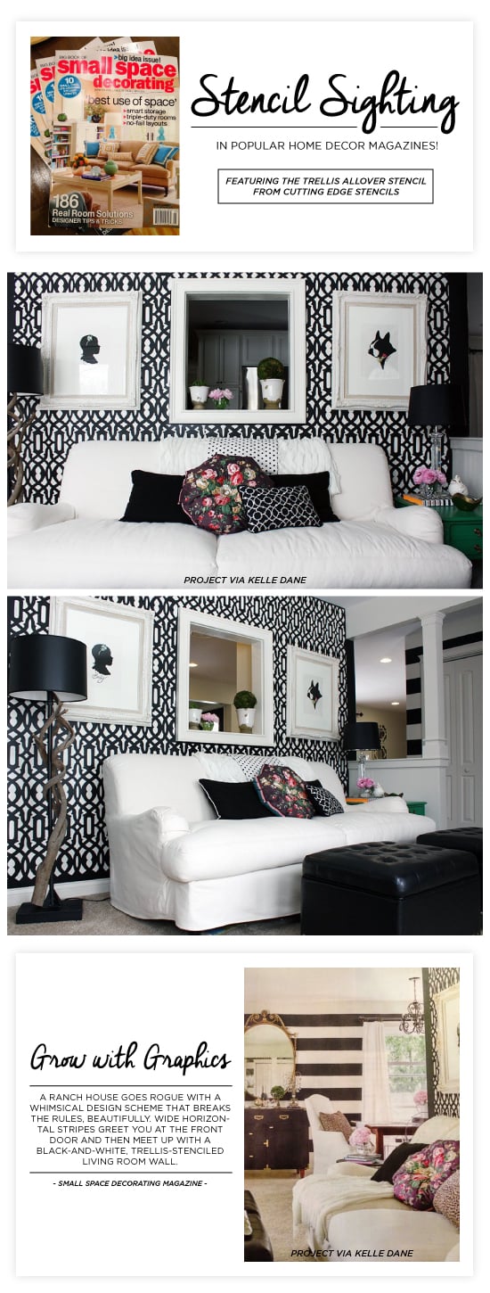 A black and white Trellis Allover stenciled accent wall spotted in Small Space Decorating Magazine. https://www.cuttingedgestencils.com/allover-stencil.html