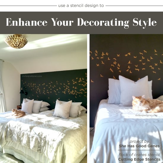 cutting-edge-stencils-diy-flock-of-cranes-stenciled-bedroom-accent-wall-metalic-gold