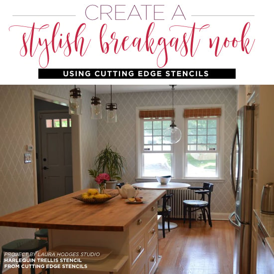 cutting-edge-stencils-harlequin-trellis-kitchen-stenciled-gray-wallpaper-wall