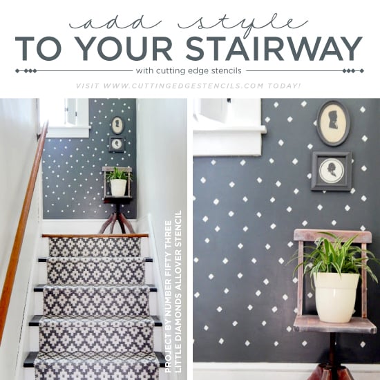 cutting-edge-stencils-little-diamonds-allover-stencil-diy-stenciled-stairway-hallway-navy-wall-