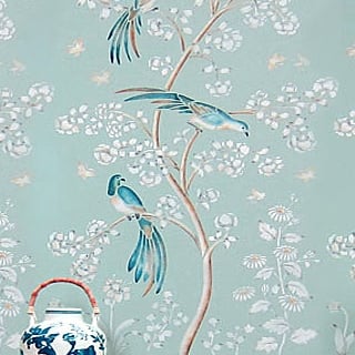 Chinoiserie wallpaper stencil on a blue wall