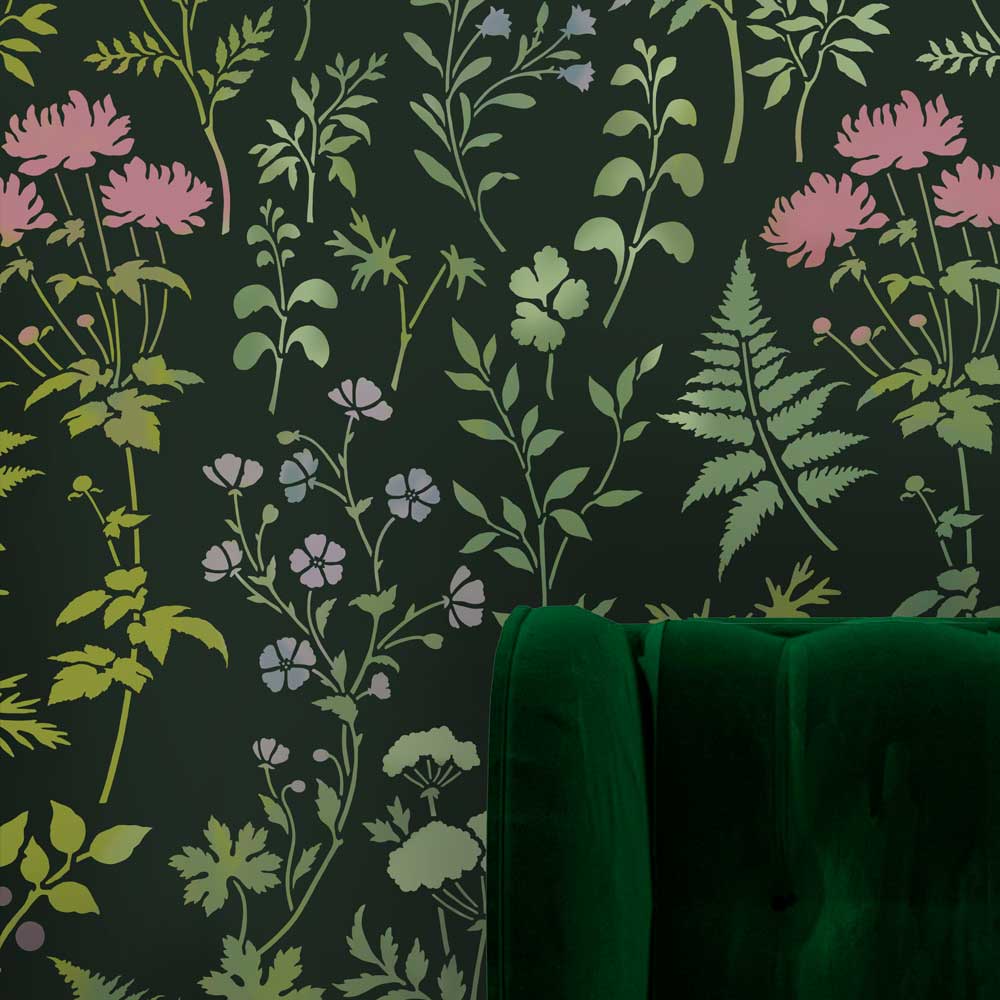 Floral stencils woodland botanicals on a dark moody wall