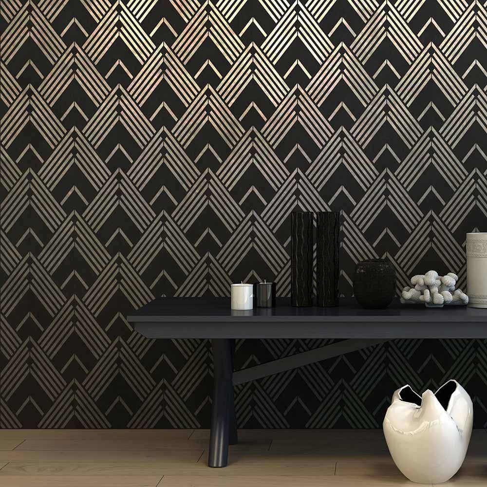 Modern geometric stencil art deco design on a black wall