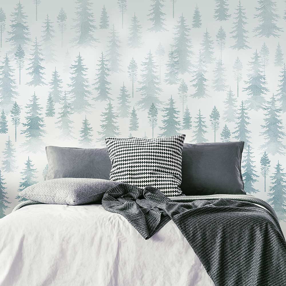 Wall Pattern Stencil Kit Mountain Mural with Pines on a bedroom wall