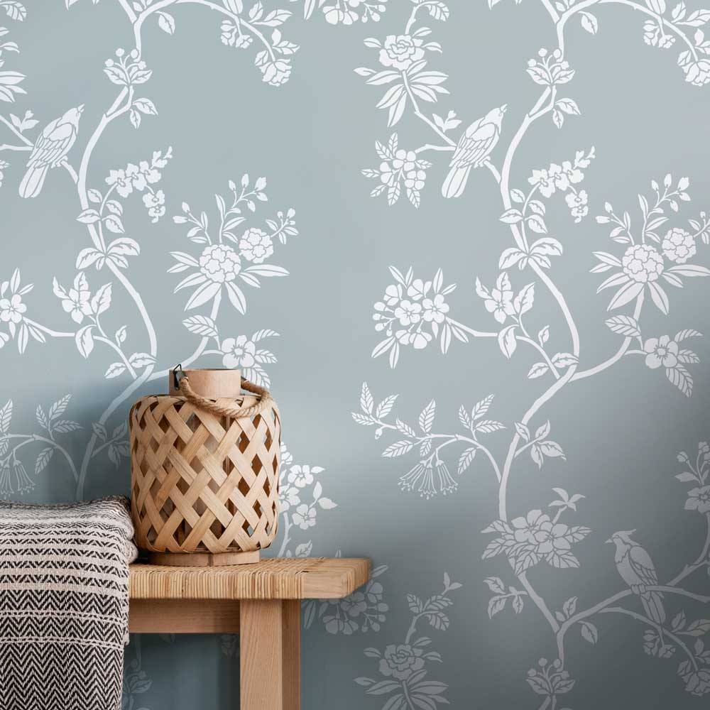 avian chinoiserie wall stencil monochromatic wall design gray