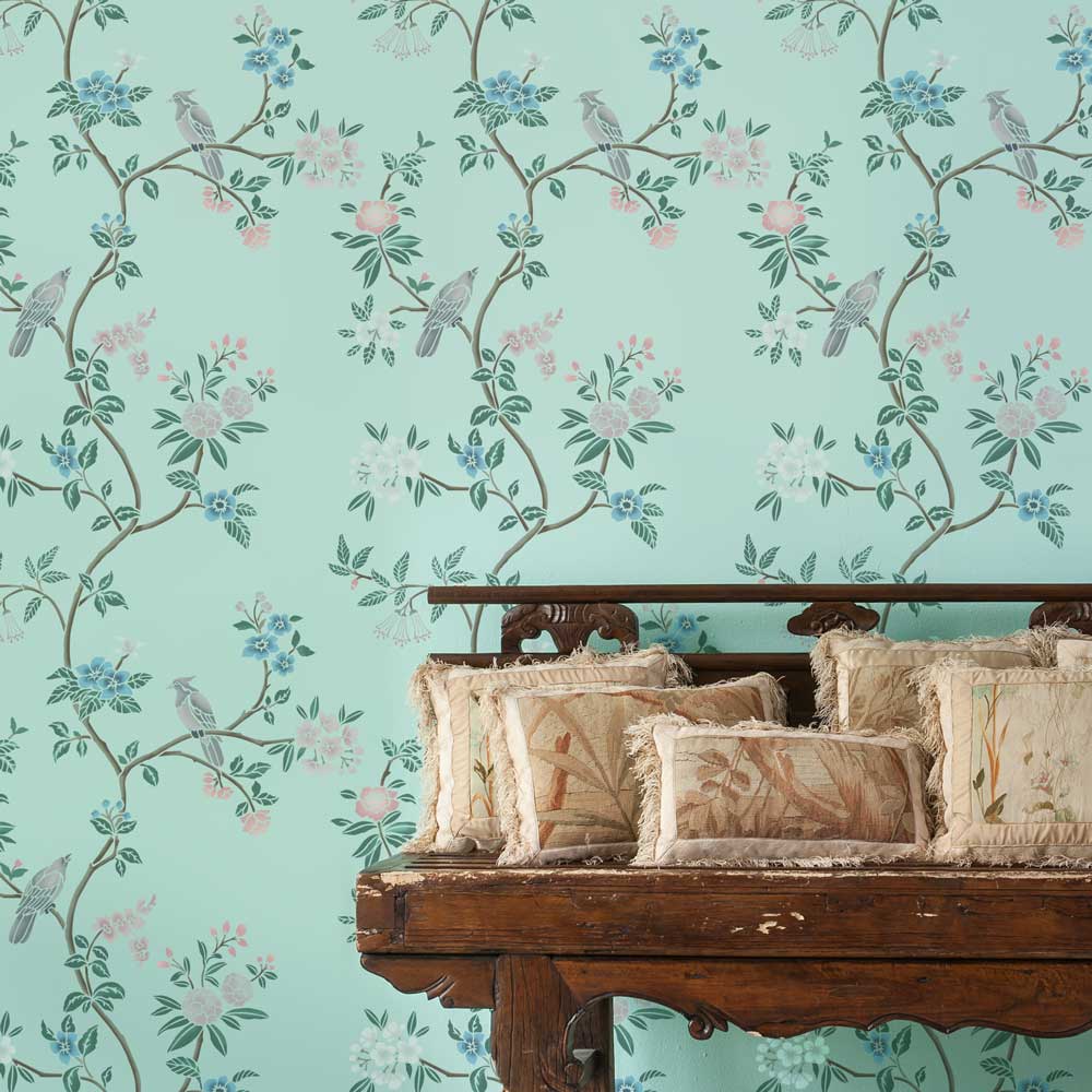 avian chinoiserie wall stencil floral and bird wall design 