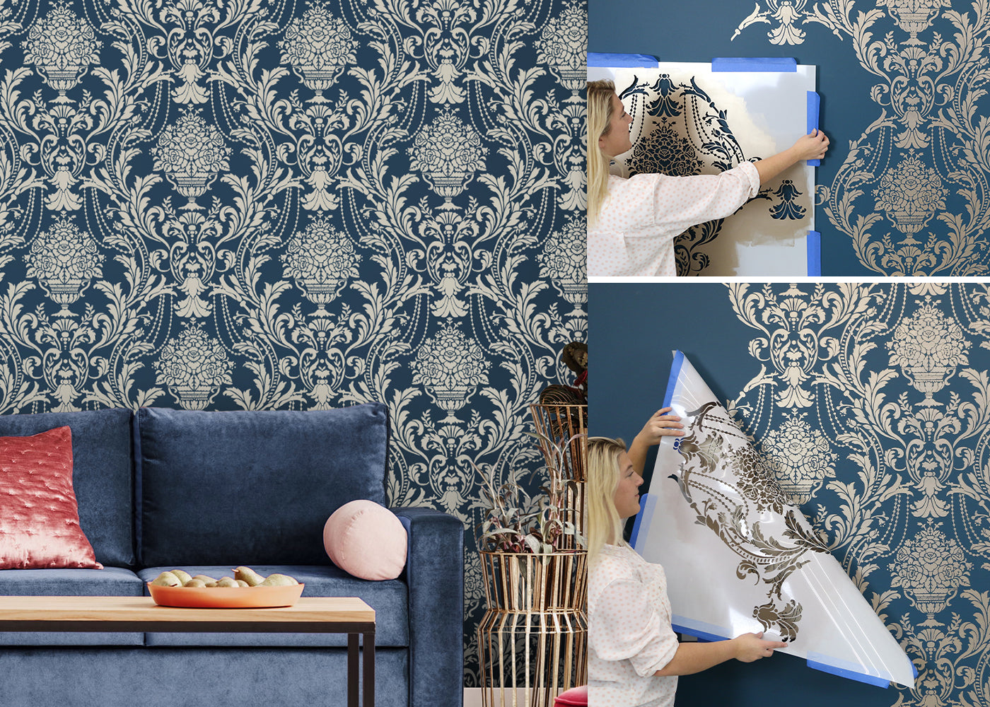 metallic anastasia damask stencil on blue wall