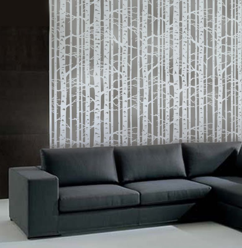 Birch forest stencils grey wall stencil living room