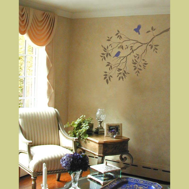 Large tree branch with birds stencil for walls