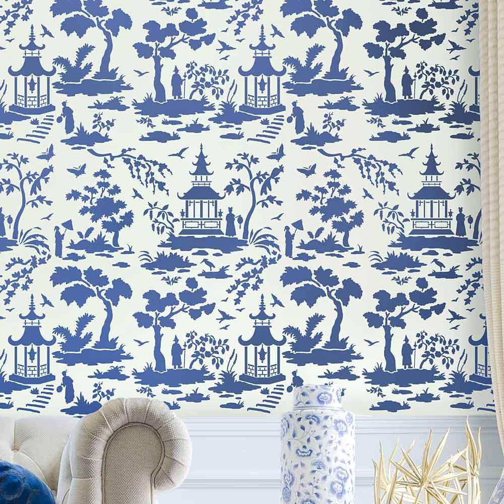 Chinoiserie stencil toile stencils coral wall