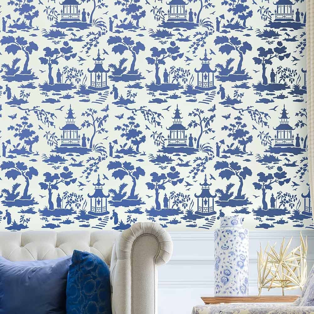 Blue toile wallpaper stencil on accent wall