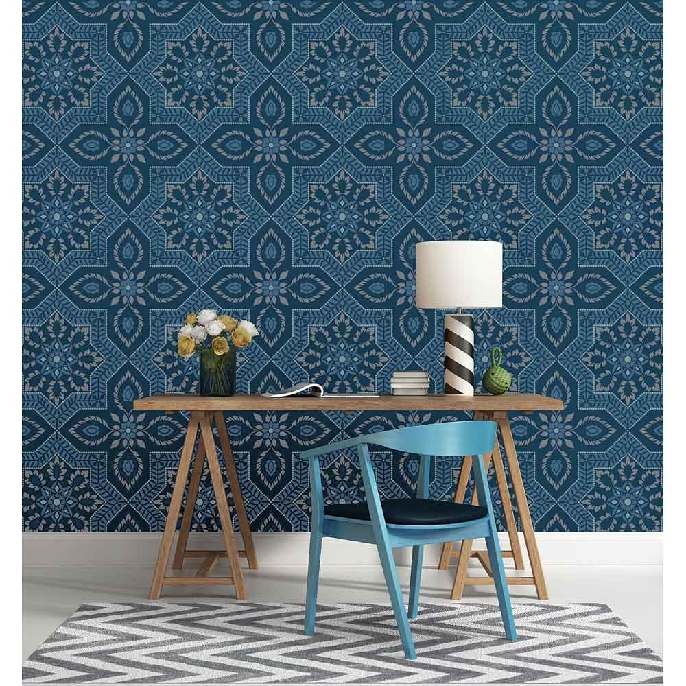 Blue tile wallpaper stencil portuguese tiles