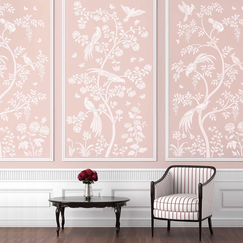 Chinoiserie chic stencil wallpaper mural pink living room