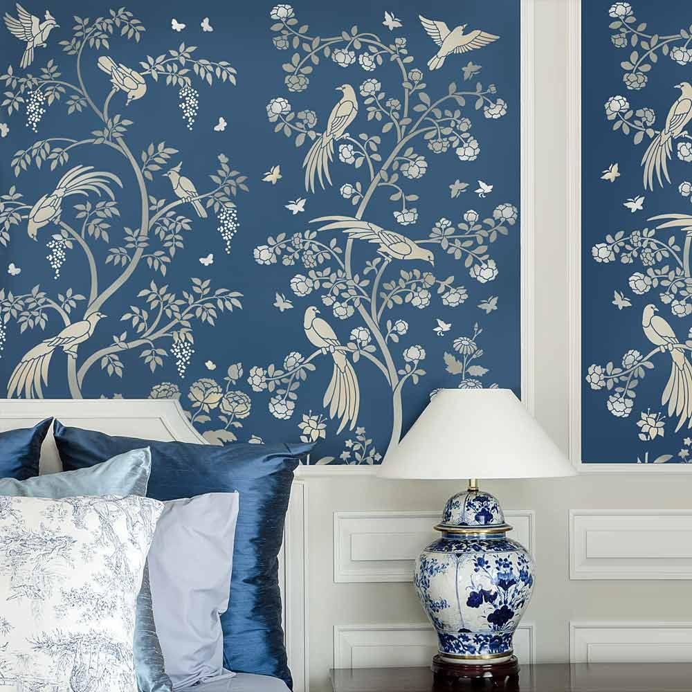 Chinoiserie chic wall stencil mural blue bedroom